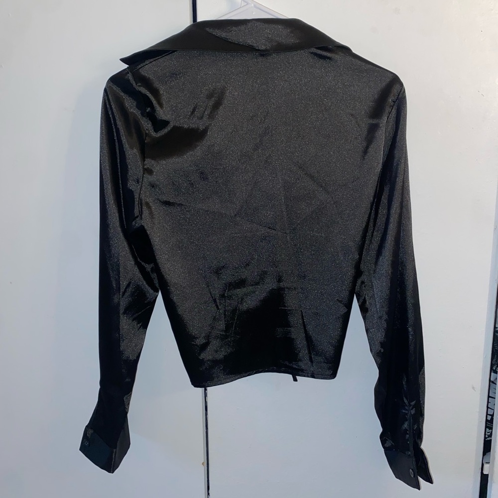 Shein Long Sleeve Self Tie Knot Front Satin Crop Top - Picture 5 of 9